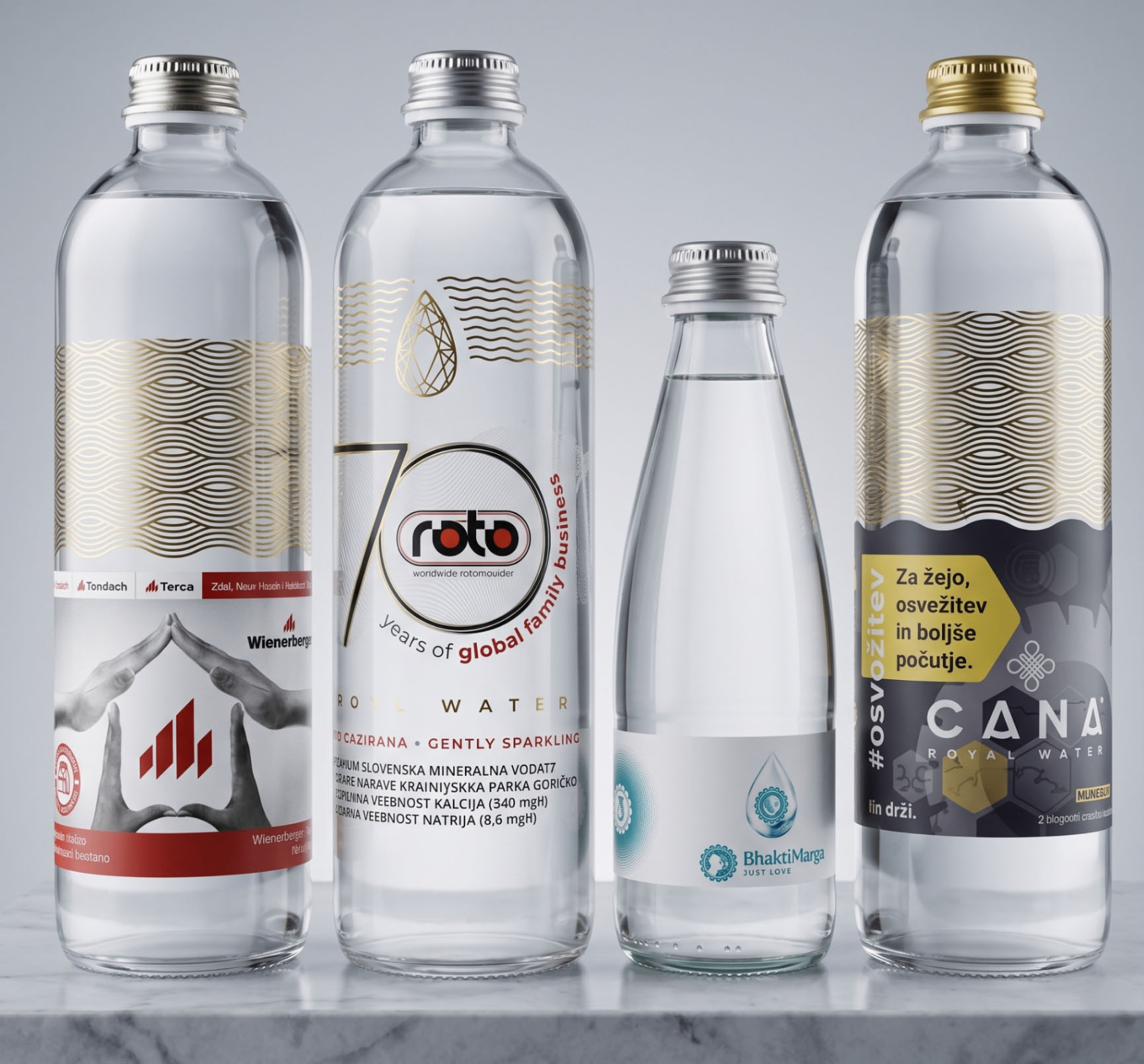 Cana Royal Water private-label bottle lineup - Wienerberger, Roto 70, BhaktiMarga, Cana